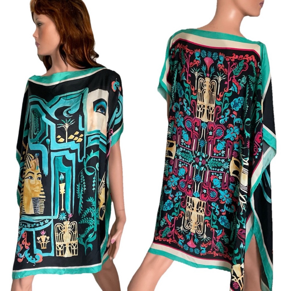 CANDICE HELD Silk Scarf DRESS Palm Springs Style Tunic CAFTAN Dress O/S AS-IS